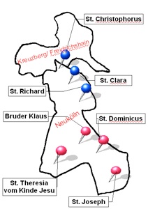 Ungefähre Lage der drei Gemeinden von Heilige Drei Könige Nord-Neukölln, Kartenskizze von Pfr. Martin Kalinowski 2020